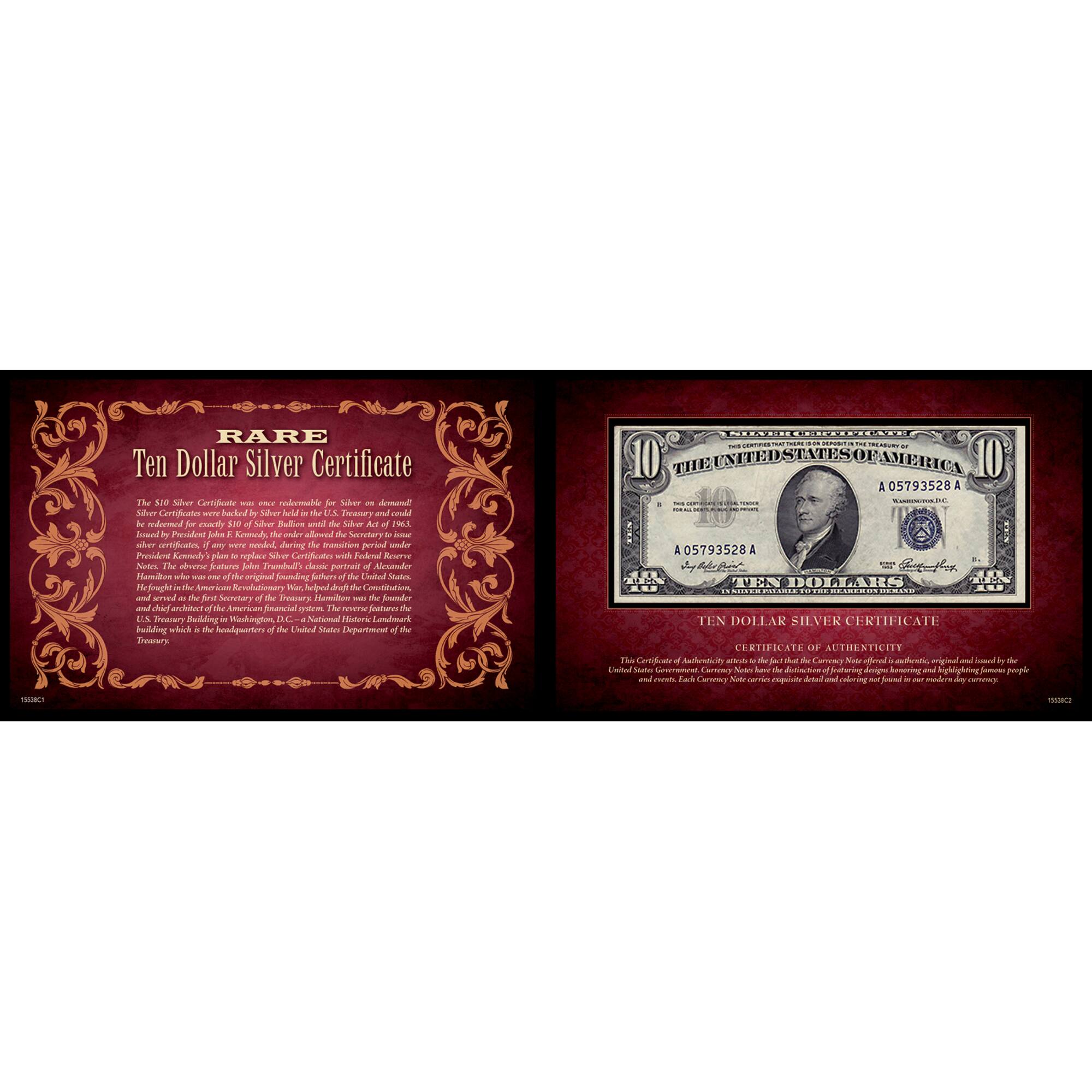 Ten Dollar Silver Certificate 5x8 Portfolio United States Genuine Currency